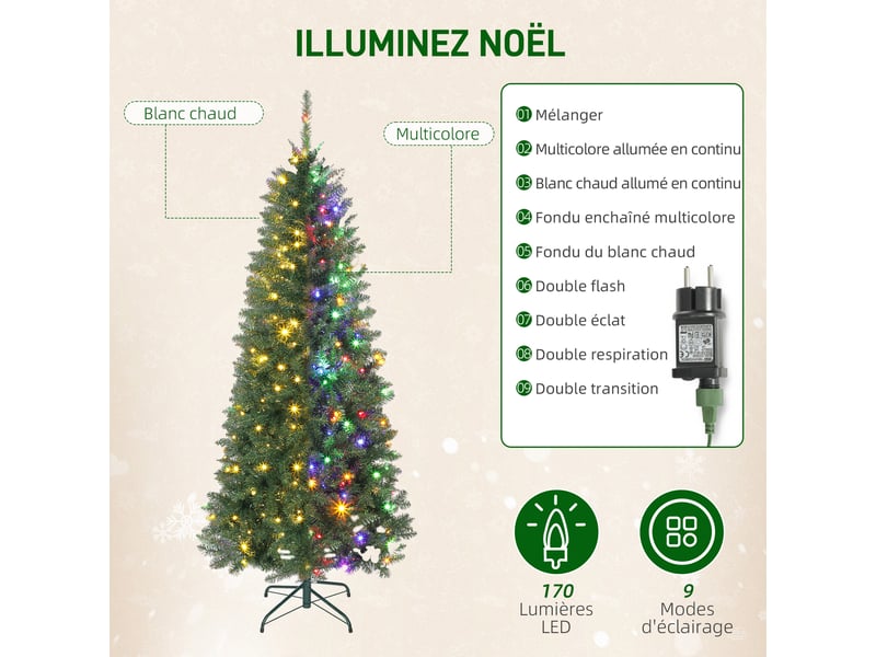  Sapin de noël artificiel 150 cm, arbre de noël fin avec 170 lumières, 635 pointes, support en métal pliable, vert  - Conforama E