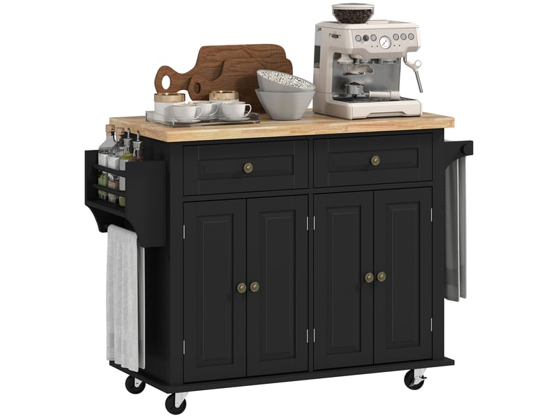  Desserte îlot de cuisine 2 tiroirs 2 placards mdf et bois d'hévéa noir 111 x 44 x 82 cm  - Conforama A