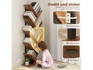 Bibliothèque arbre 9 niveaux, étagère étroite, style rustique brun, pour bureau