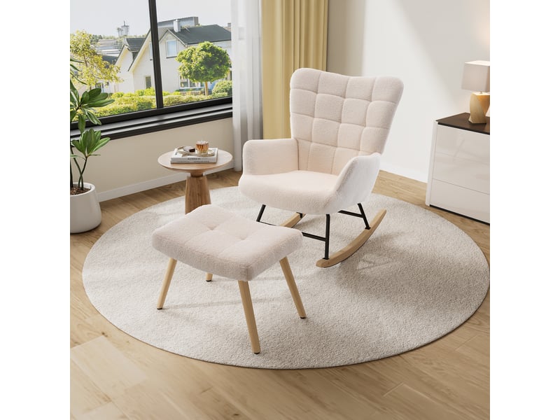  Modenvie fauteuil à bascule 91x61x88 cm - tissu effet laine, assise épaisse, repose-pieds inclus - beige  - Conforama D