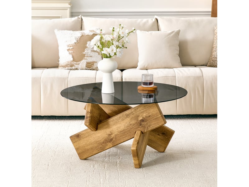  Table basse ronde ø 79 cm en verre trempé, piètement mdf effet bois, 45 cm  - Conforama B