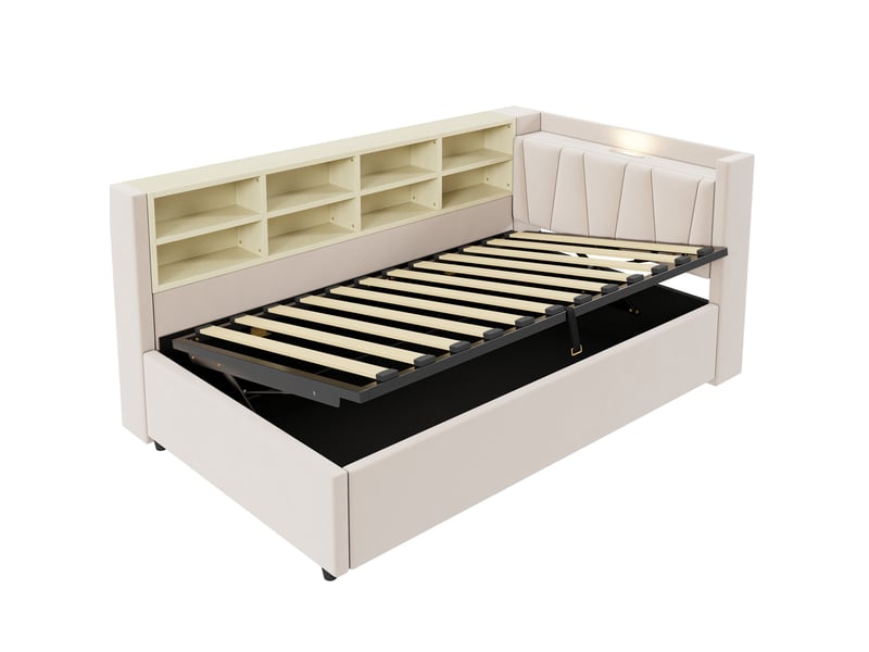  Lit coffre 90 x 200 tête capitonnée éclairage intégré usb-c rangement moderne côtés velours beige sans matelas  - Conforama E