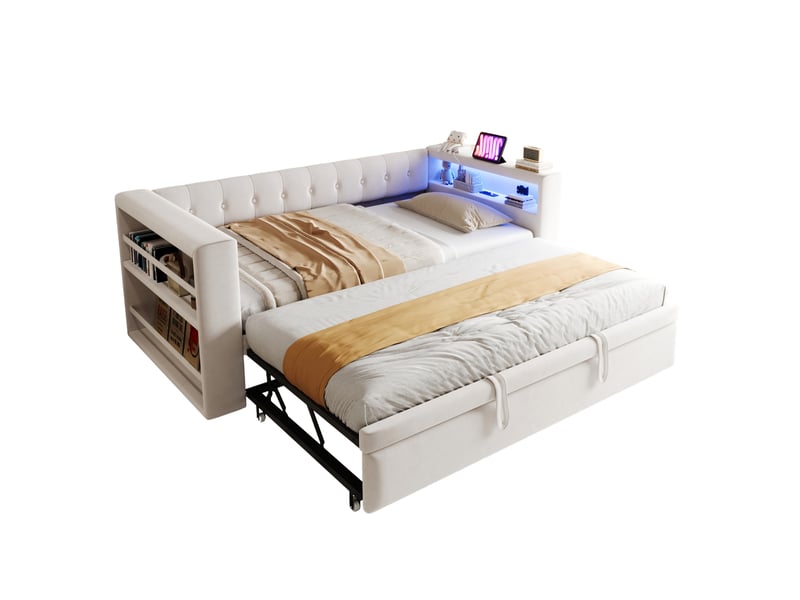  Canapé convertible 90x190 à 180x190 cm avec rangements, led et prises  - Conforama A