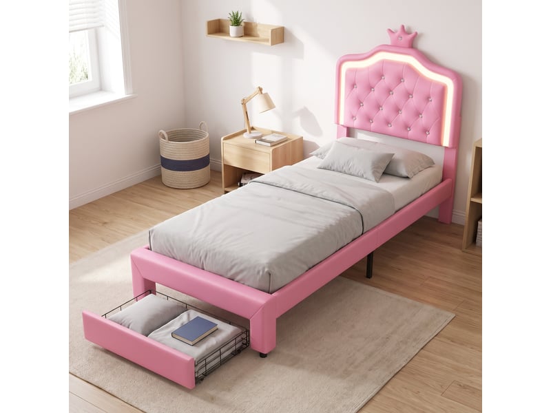  Lit simple 90x200, lit enfant, éclairage led et tiroir de rangement,  tête de lit couronne ajustable, style moderne, rose  - Conforama B