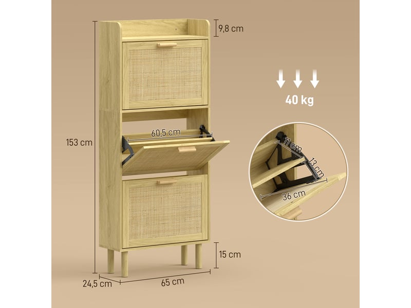  Meuble à chaussures avec 3 tiroirs abattants et une étagère ouverte pour 12 à 18 paires de chaussures, 65 x 24,5 x 153 cm, chêne  - Conforama D