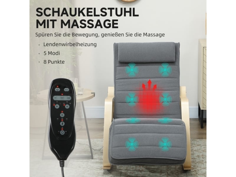  Fauteuil à bascule massant gris avec chauffage lombaire, 3 modes et revêtement en tissu  - Conforama D