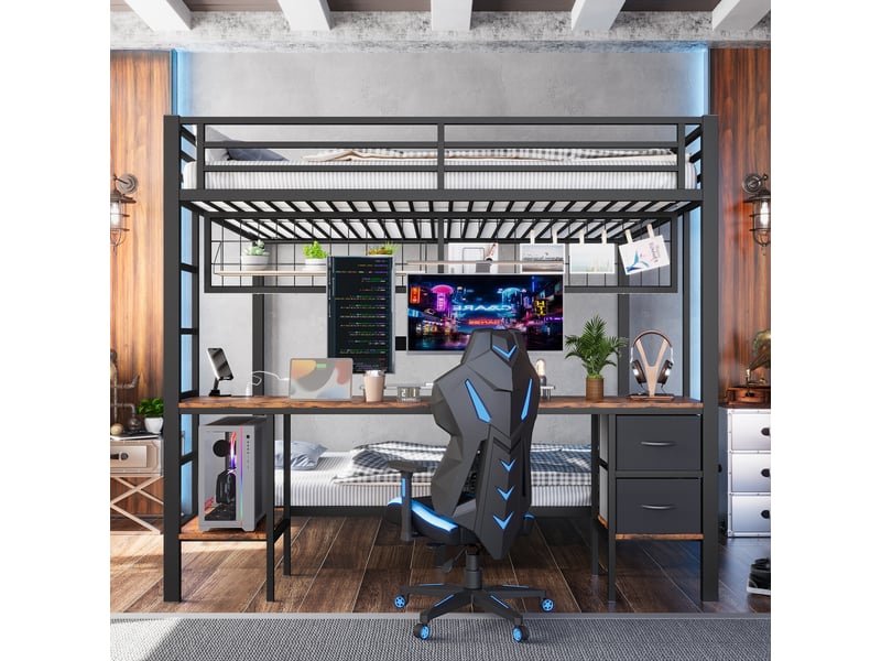  Lit mezzanine lit double 140x200 cm en métal avec bureau, tiroirs, étagères, led et usb, sans matelas, noir  - Conforama B