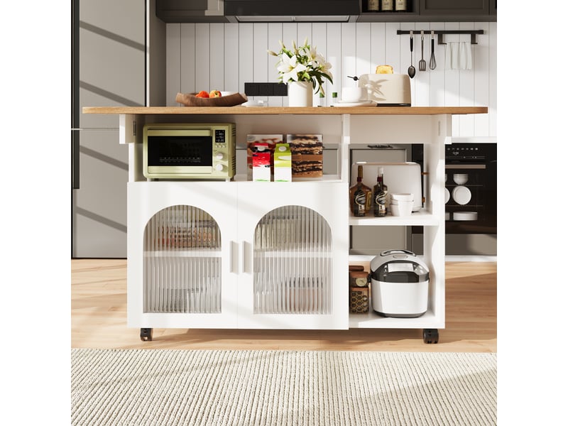  Îlot de cuisine avec plateau rabattable et desserte de cuisine sur roulettes, meuble de rangement blanc en mdf avec portes en verre, 120x70x79.5cm  - Conforama B