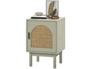 Table de chevet avec porte en rotin, étagère réglable et pieds en bois, style bohème, 40 x 35 x 58 cm, vert clair