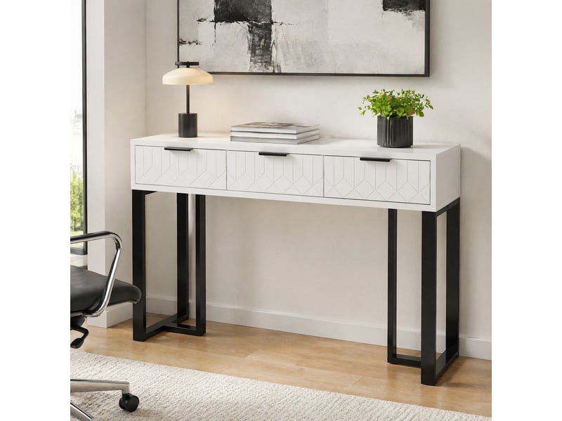  Table console 120x36x80 cm avec 3 tiroirs, mdf blanc et noir  - Conforama E