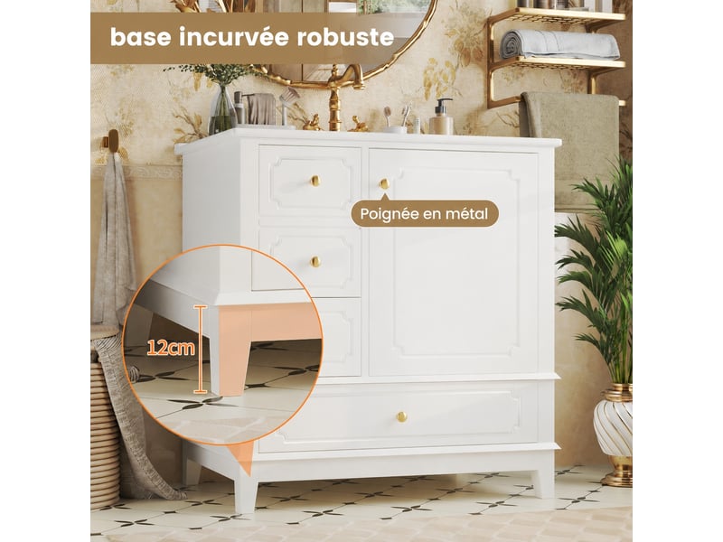  Meuble vasque blanc 76,5 cm avec vasque en céramique et poignées dorées  - Conforama D