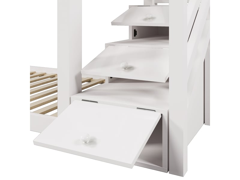  Lit cabane enfant 90x200 avec cheminée, lit superposé blanc en bois massif, escalier de rangement et tableau noir  - Conforama W