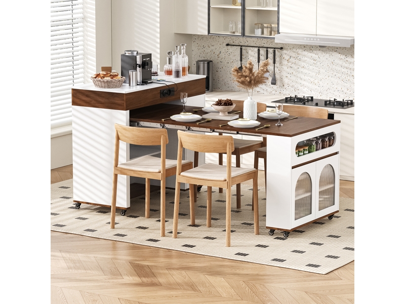  Îlot de cuisine mobile 110,5 cm avec table extensible, prises intégrées, tiroir et verre cannelé, blanc et noyer Jamama eleni - Conforama B