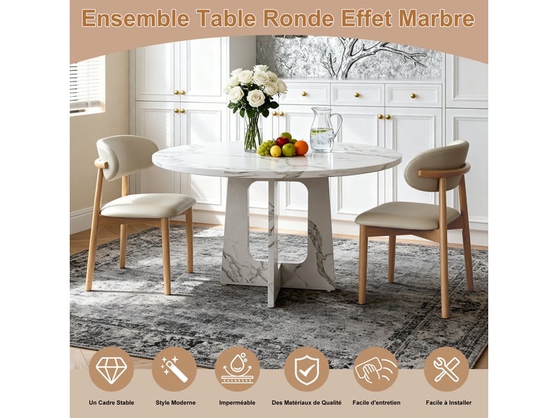  Ensemble table ronde et 2 chaises, table à manger ronde 4 à 6 personnes, effet marbre blanc, mdf et pieds en chêne massif  - Conforama W