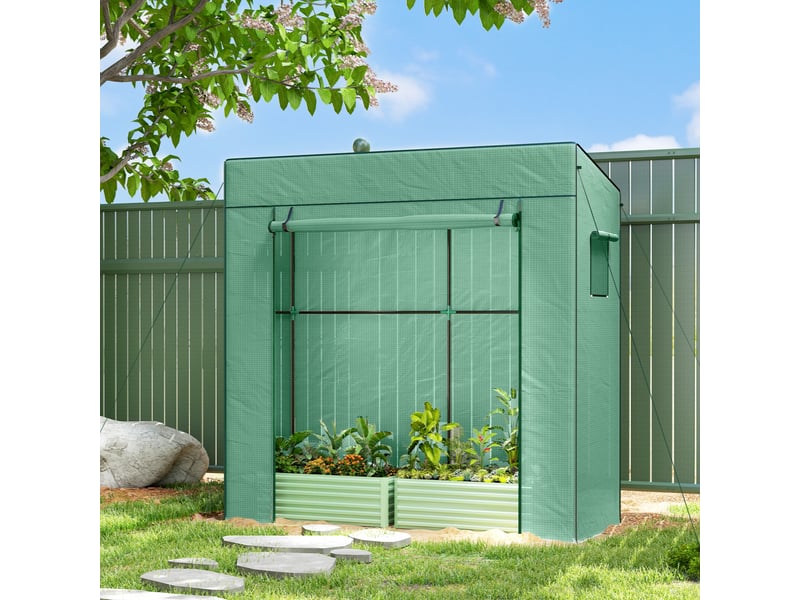  Serre à tomates, serre tunnel avec porte sectionnelle, fenêtre grillagée, toit incliné, 196 x 77 x 197 cm, verte  - Conforama C