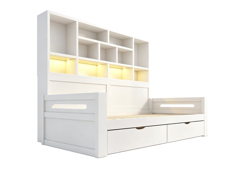 Lit 1 personne 90x200 cm avec rangement - 2 tiroirs - tête de lit led avec prises - étagères - blanc - Conforama W