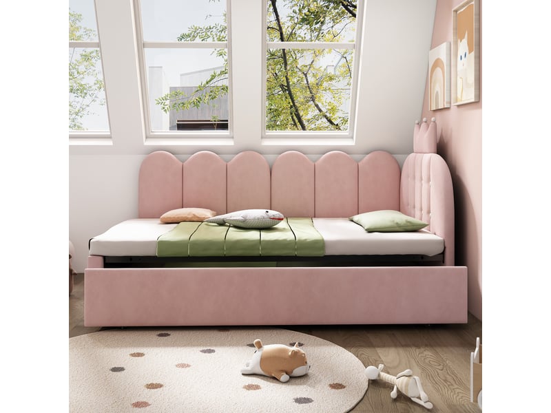 Lit gigogne 90 x 200 cm et 90 x 190 cm en forme l, avec dossier couronne et roulettes, velours rose - Conforama B