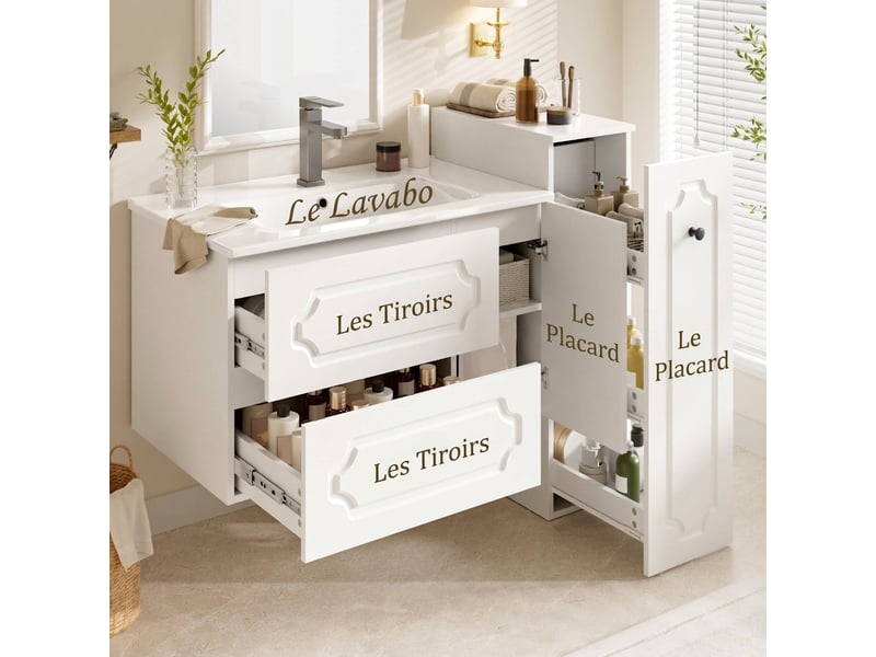  Meuble salle de bain 107 cm avec colonne ensemble meuble vasque céramique blanc  - Conforama B