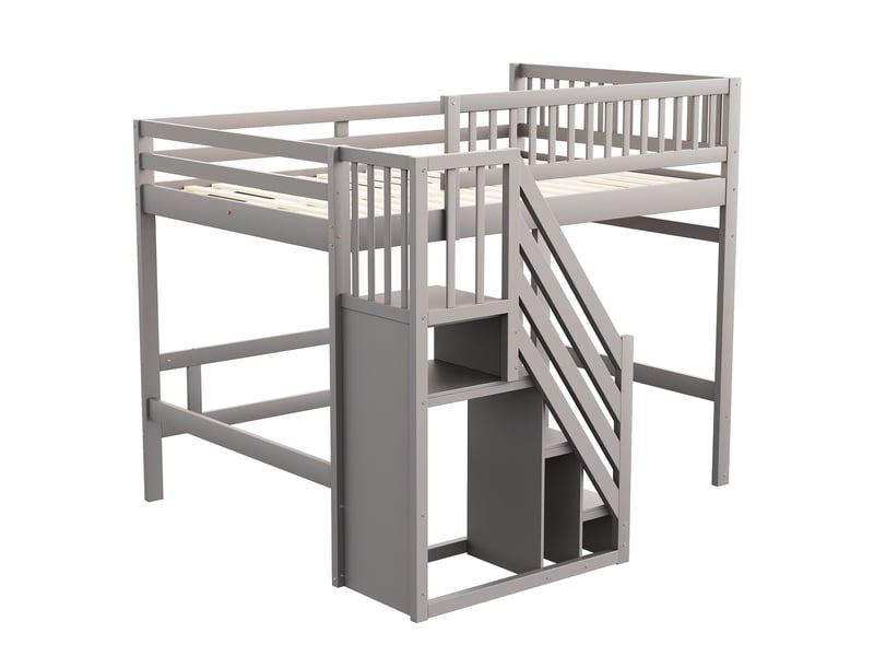  Lit mezzanine 140x200 cm en bois gris, escalier avec rangement et barrières hautes  - Conforama D
