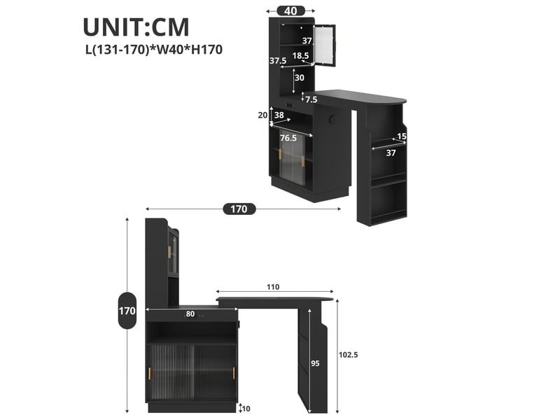Bar extensible avec rangement 131–170 cm, meuble bar avec portes vitrées, led connectée, prises usb & type-c - noir - Conforama C