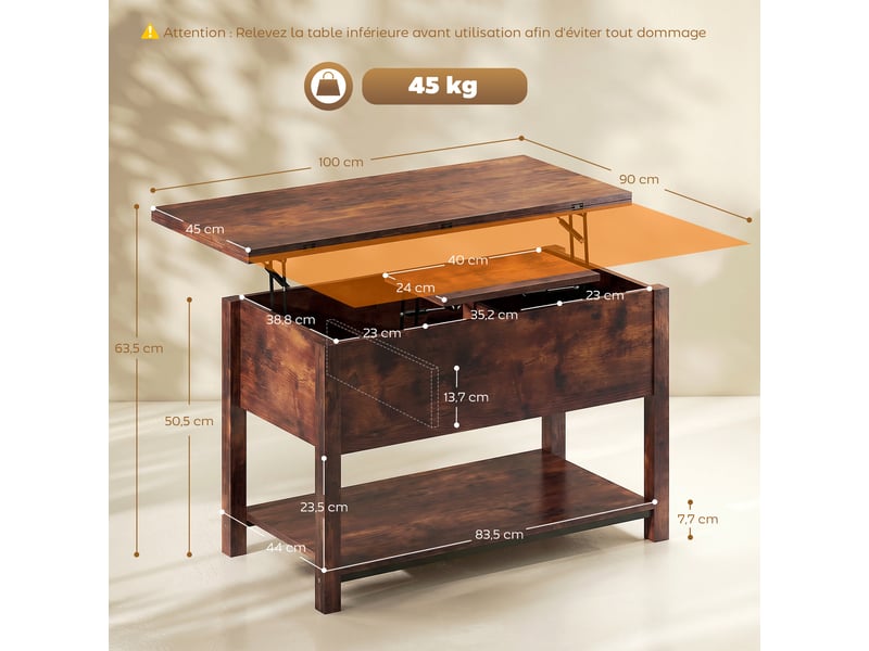  Table basse relevable et extensible en mdf brun rustique 100x45x50,5 cm  - Conforama C