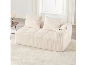 Canapé droit 2 places en velours côtelé beige avec poches latérales et porte-gobelets