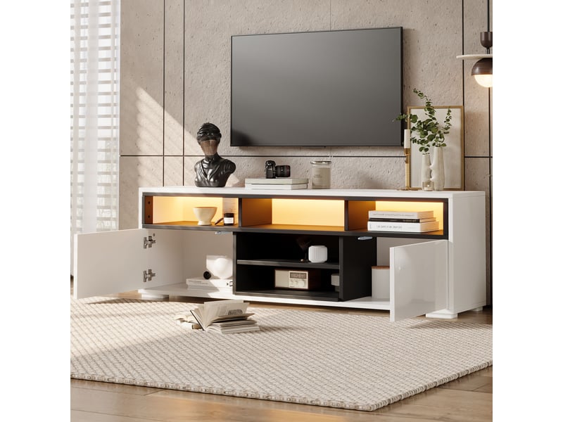 Meuble tv led pour petit salon, meuble tv 150 cm pour téléviseur 65 pouces, blanc brillant et noir avec rangements - Conforama E