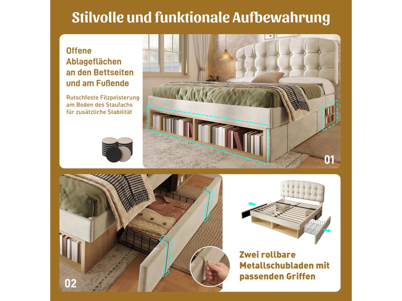  Lit double 140x190 capitonné en velours beige avec tiroirs de rangement  - Conforama E