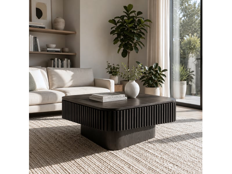  Table basse carrée avec couvercle amovible et rangement caché, finition cannelée noire pour salon 75 × 75 × 35 cm  - Conforama E