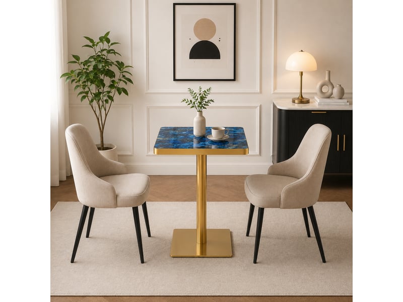  Table à manger carrée,60x60x74 cm,avec piètement métal,mdf,bleu effet marbre  - Conforama E