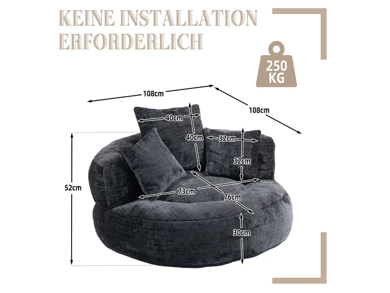  Fauteuil lounge modenvie en chenille noire avec 3 coussins 108 x 108 x 52 cm  - Conforama C