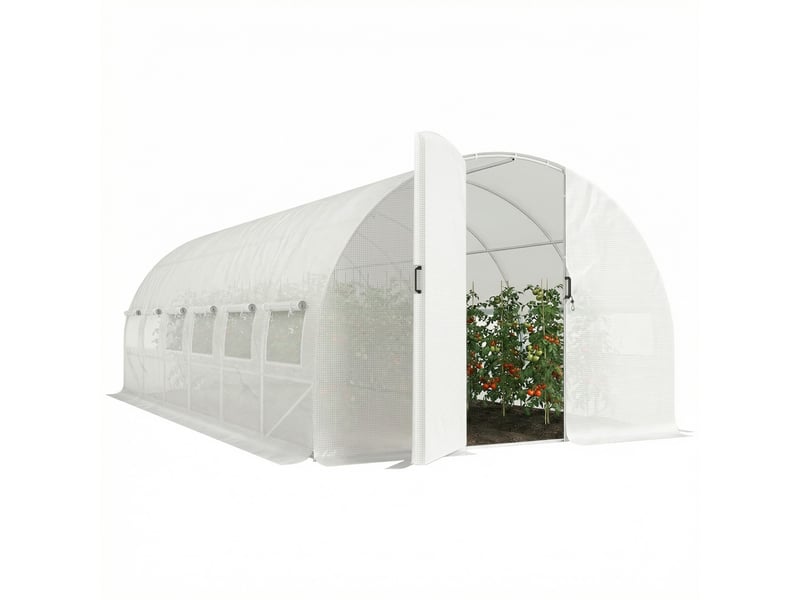  Serre tunnel de jardin 18m², serre de jardin tunnel avec porte et 12 fenêtres avec moustiquaires, 295x597x200cm, blanc  - Conforama A