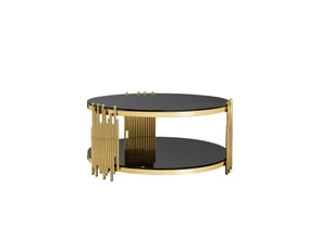 Table basse ronde 80x80x45 cm en verre trempé noir et acier inoxydable doré
