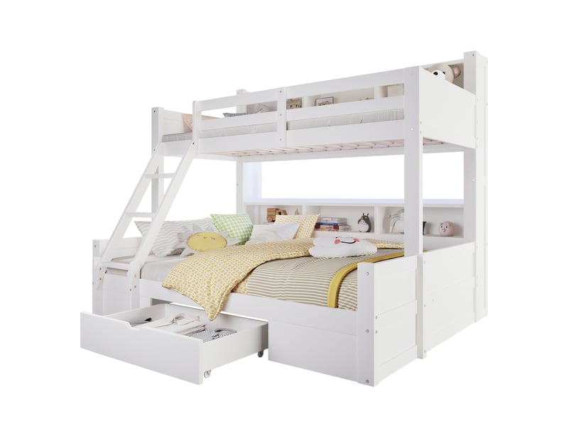  Lit superposé 90x200 cm + 140x200 cm, led, rangements, tiroir, échelle modulable, bois de pin, blanc, sans matelas  - Conforama A