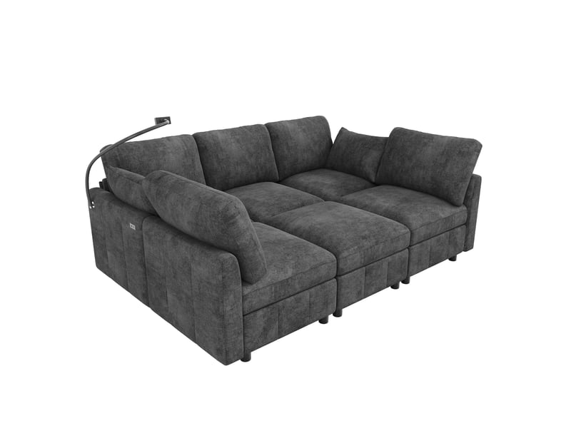 Canapé modulable convertible 6 places en chenille gris, 218 cm, usb-c et pouf IKSETERA TRADING LTD - Conforama A
