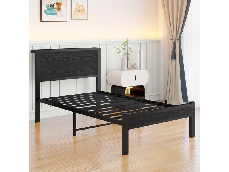 Lit simple 90x200 cm avec tête de lit rangement, cadre de lit adulte avec sommier à lattes métalliques, lit 1 personne, noir  - Conforama R