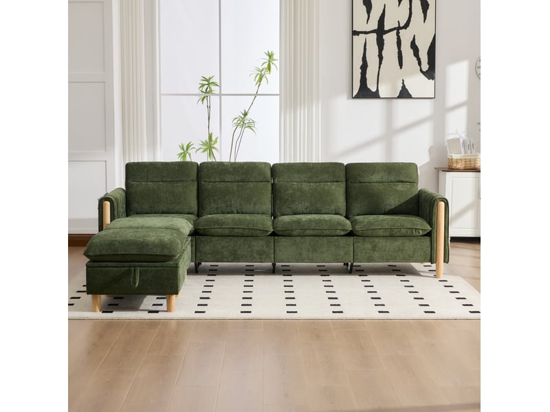  Canapé 4 places avec 2 poufs de rangement 261x77x86 cm chenille vert  - Conforama W