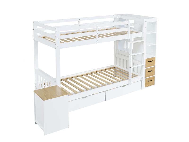  Lit superposé en bois blanc 90x200 cm, comprenant 2 coffres de rangement, une étagère latérale, des tiroirs, une échelle et une table de chevet réglable.  - Conforama D