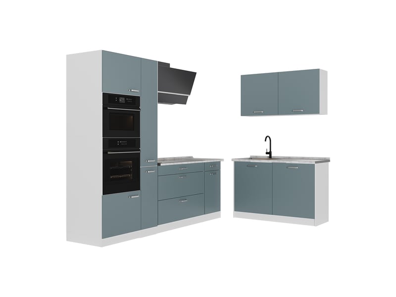  Vicco cuisine en angle, bleu-grisblanc, 230 x 120 cm plan de travail marbre  - Conforama A