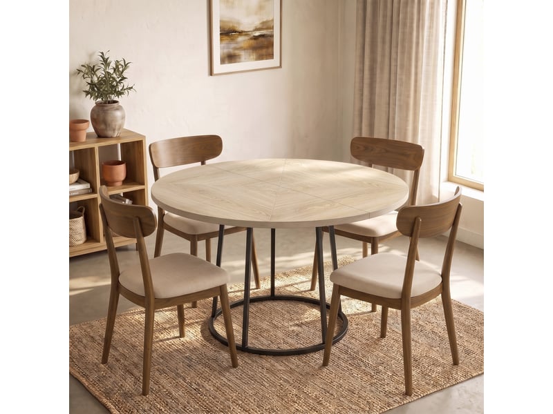 Table à manger ronde pour 4 à 6 personnes, ø 120 x 75 cm, table de cuisine avec piétement conique en métal, bois naturel - Conforama A