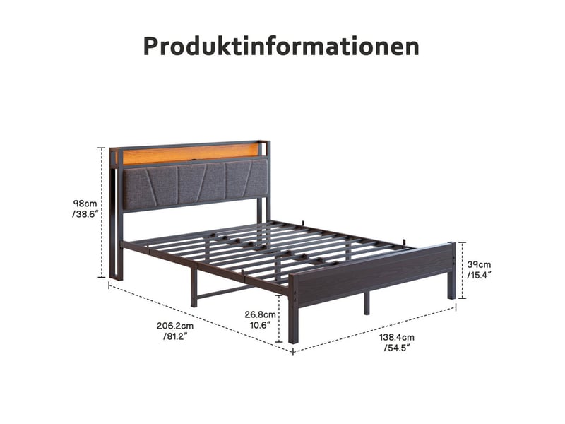  Lit enfant 140x200 cm, prise, usb, avec éclairage led, tête de lit avec rangement, structure métal mdf noir sans matelas  - Conforama C