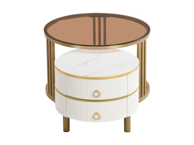  Lot de 2 tables basses gigognes blanches et marron avec 2 tiroirs, plateau en verre trempé et garniture dorée  - Conforama E