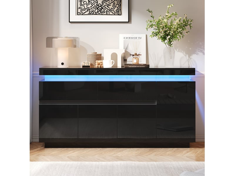  Buffet ulevr de rangement avec led, 140 x 35 x 72,5 cm, 2 tiroirs, 4 portes, étagères réglables, panneau de particules noir  - Conforama D