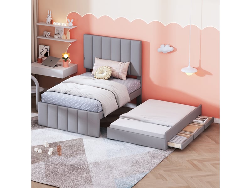  Lit capitonné 90 x 200 cm avec lit gigogne et tiroirs de rangement, lin doux, gris, sans matelas  - Conforama D