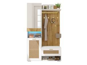 Ensemble d’entrée avec miroir, 6 patères dorées, meuble à chaussures, banc et led 16 couleurs