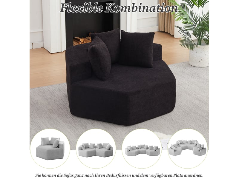  Fauteuil pouf modulaire hexagonal 1 place avec 3 coussins et dessous antidérapant en chenille noire  - Conforama E