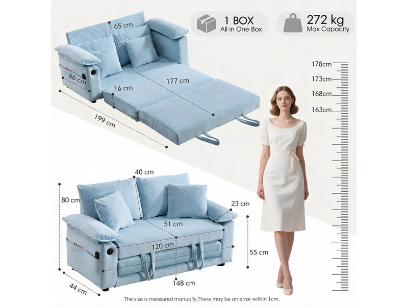  Canapé convertible 2 places 3-en-1 avec fonction couchage et poches latérales, pliable en chenille bleu 135×66×80 cm  - Conforama E