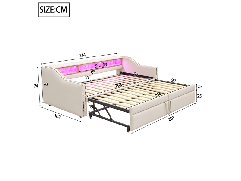  Canapé-lit extensible 90180 x 200 cm avec led, usb et rangements, beige  - Conforama C