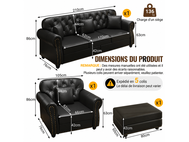 Ensemble canapés chesterfield 3 + 1 places avec pouf en simili noir, capitonné, accoudoirs roulés, ressorts ensachés 210X76X86cm - Conforama C