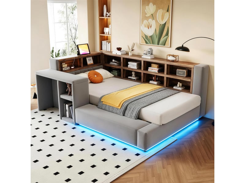  Lit simple 90x200 cm, lit enfant, table de chevet, led, tête de lit avec rangement, gris foncé  - Conforama A